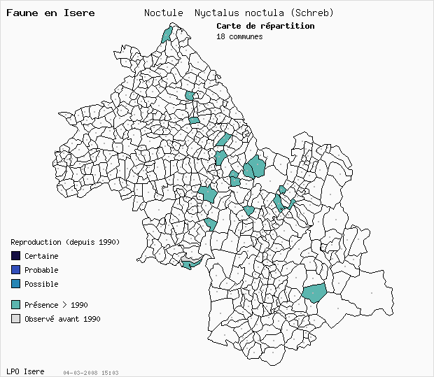 Carte Reproduction: Noctule Nyctalus noctula (Schreb) en Isre
