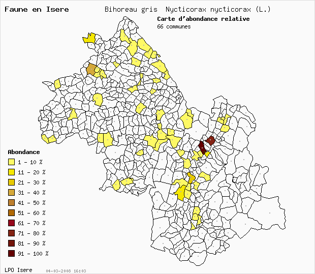 Carte Abondance: Bihoreau gris Nycticorax nycticorax (L.) en Isre