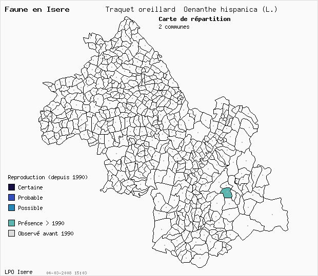 Carte Reproduction: Traquet oreillard Oenanthe hispanica (L.) en Isre