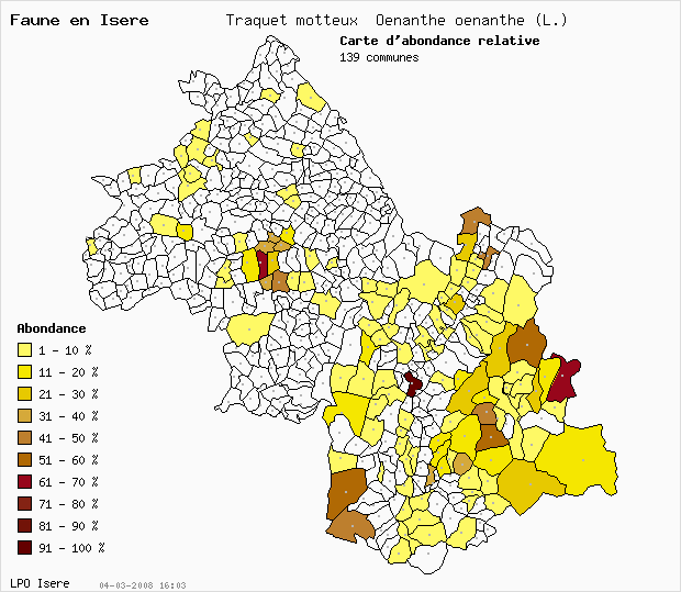 Carte Abondance: Traquet motteux Oenanthe oenanthe (L.) en Isre