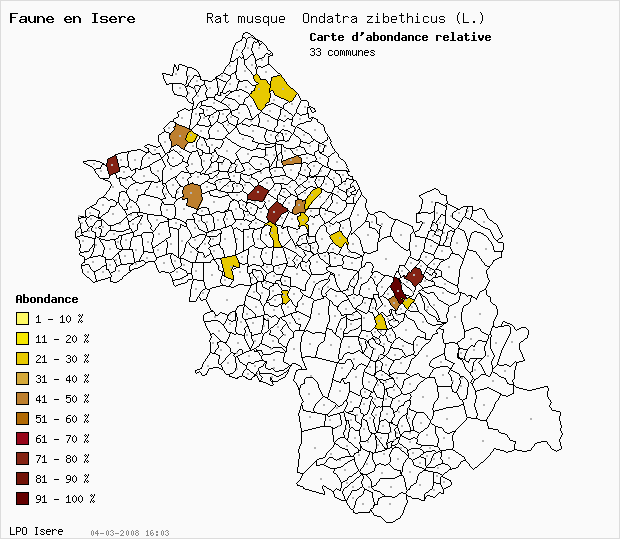 Carte Abondance: Rat musqu Ondatra zibethicus (L.) en Isre
