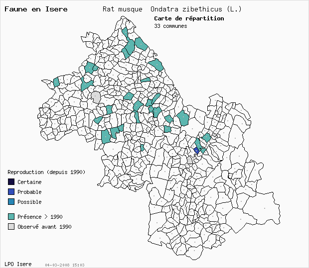 Carte Reproduction: Rat musqu Ondatra zibethicus (L.) en Isre