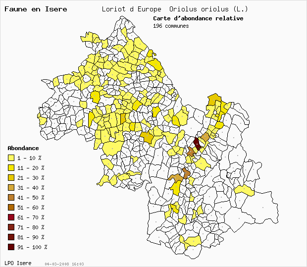 Carte Abondance: Loriot d Europe Oriolus oriolus (L.) en Isre
