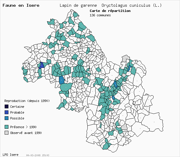 Carte Reproduction: Lapin de garenne Oryctolagus cuniculus (L.) en Isre