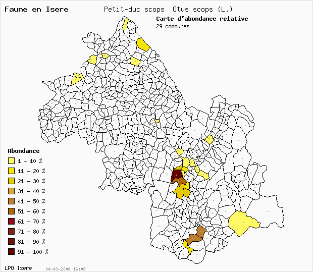 Carte Abondance: Petit-duc scops Otus scops (L.) en Isre