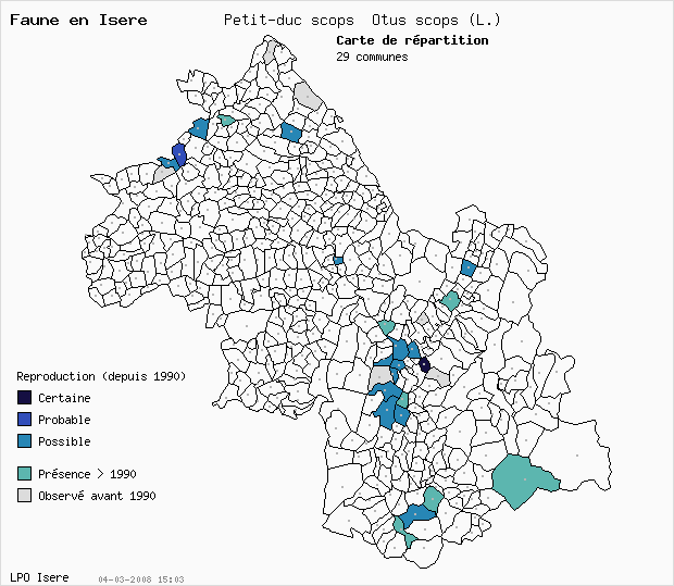 Carte Reproduction: Petit-duc scops Otus scops (L.) en Isre