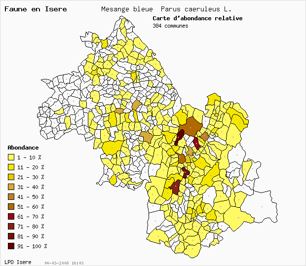 Carte Abondance: Msange bleue Parus caeruleus L. en Isre