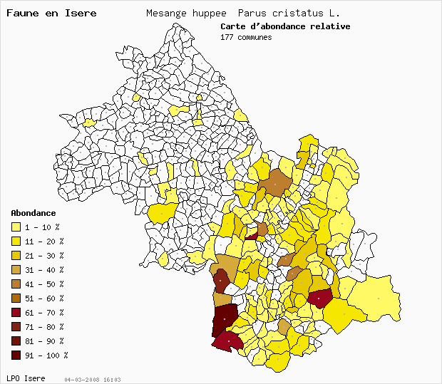 Carte Abondance: Msange huppe Parus cristatus L. en Isre