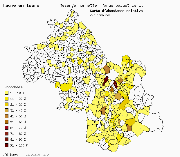 Carte Abondance: Msange nonnette Parus palustris L. en Isre