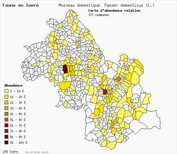 Carte Abondance: Moineau domestique Passer domesticus (L.) en Isre