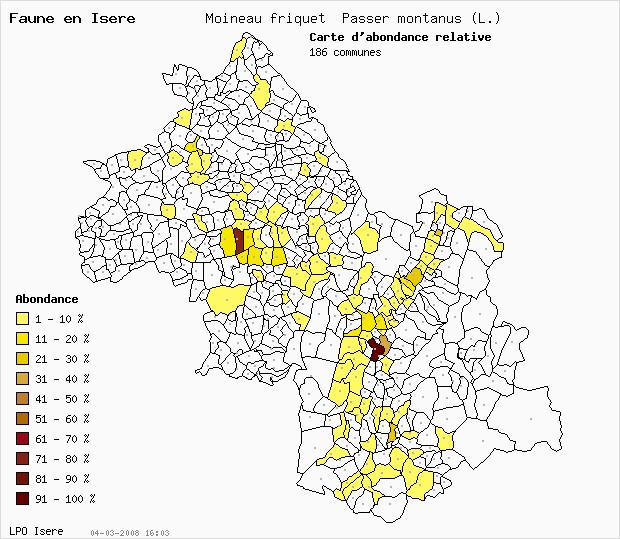 Carte Abondance: Moineau friquet Passer montanus (L.) en Isre