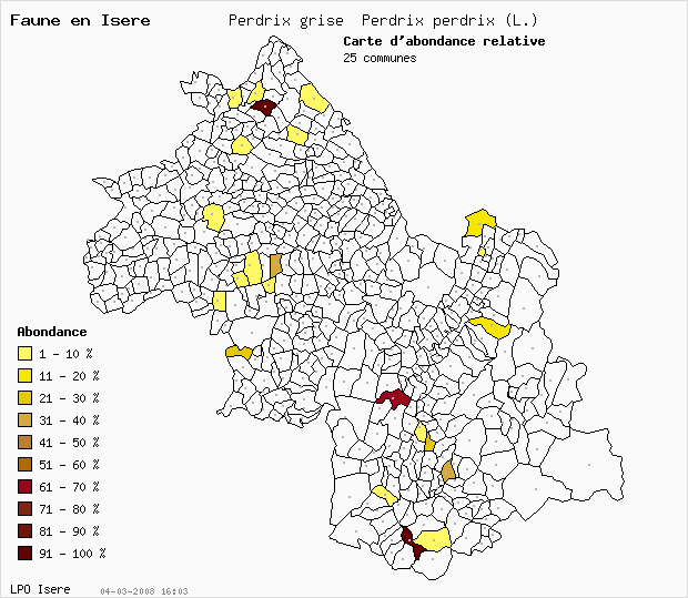 Carte Abondance: Perdrix grise Perdrix perdrix (L.) en Isre