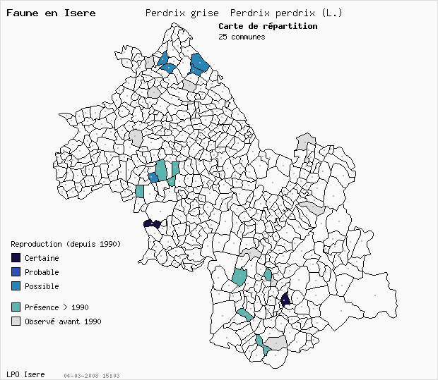Carte Reproduction: Perdrix grise Perdrix perdrix (L.) en Isre