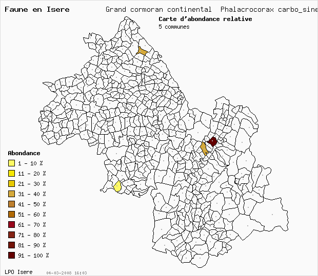 Carte Abondance: Grand cormoran continental Phalacrocorax carbo_sinensis en Isre