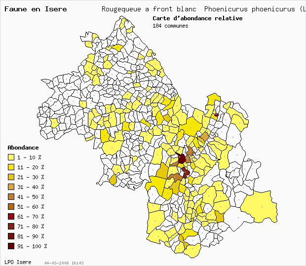 Carte Abondance: Rougequeue  front blanc Phoenicurus phoenicurus (L.) en Isre