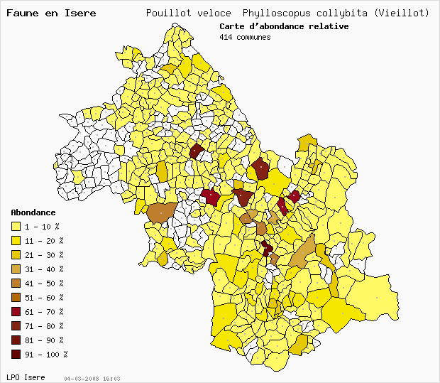 Carte Abondance: Pouillot vloce Phylloscopus collybita (Vieillot) en Isre