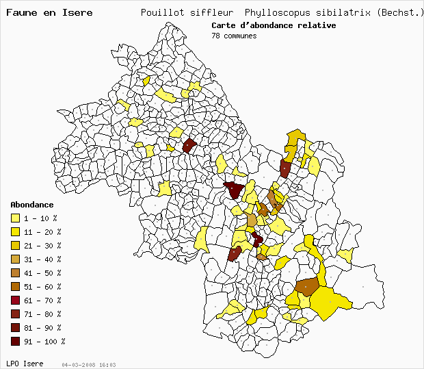Carte Abondance: Pouillot siffleur Phylloscopus sibilatrix (Bechst.) en Isre