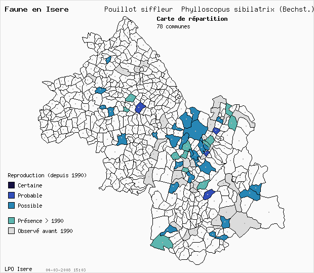 Carte Reproduction: Pouillot siffleur Phylloscopus sibilatrix (Bechst.) en Isre