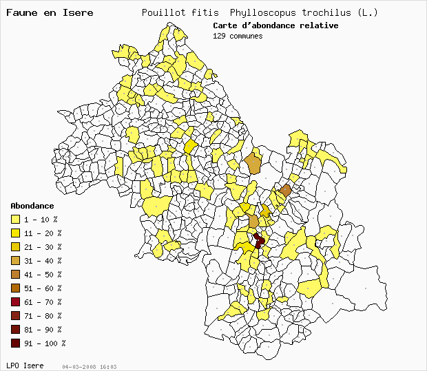 Carte Abondance: Pouillot fitis Phylloscopus trochilus (L.) en Isre