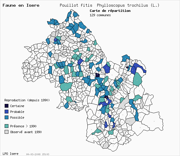 Carte Reproduction: Pouillot fitis Phylloscopus trochilus (L.) en Isre