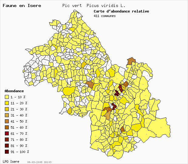 Carte Abondance: Pic vert Picus viridis L. en Isre