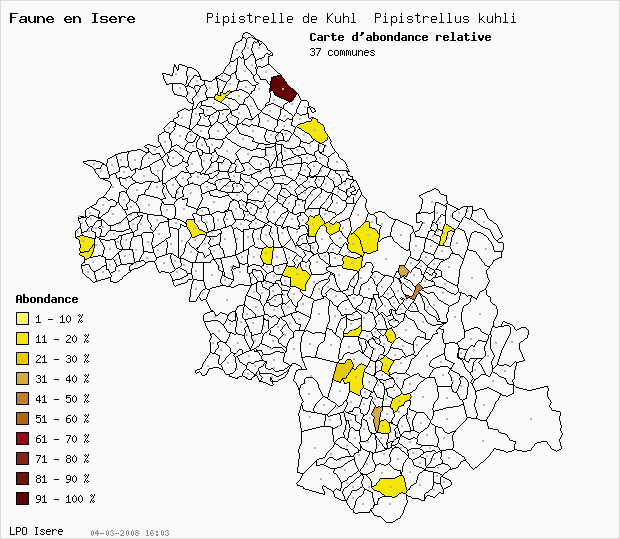 Carte Abondance: Pipistrelle de Kuhl Pipistrellus kuhli en Isre