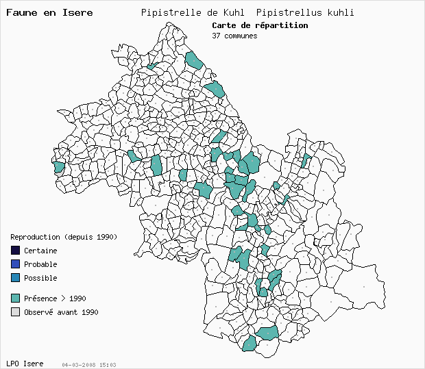 Carte Reproduction: Pipistrelle de Kuhl Pipistrellus kuhli en Isre