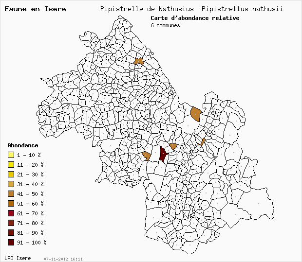 Carte Abondance: Pipistrelle de Nathusius Pipistrellus nathusii en Isre