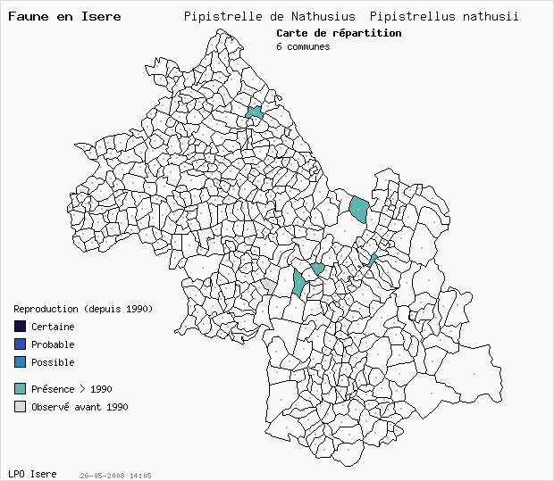 Carte Reproduction: Pipistrelle de Nathusius Pipistrellus nathusii en Isre