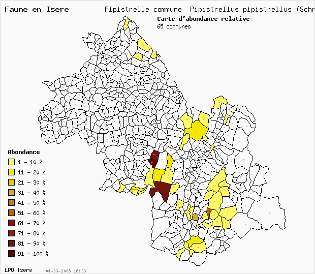 Carte Abondance: Pipistrelle commune Pipistrellus pipistrellus (Schreb) en Isre