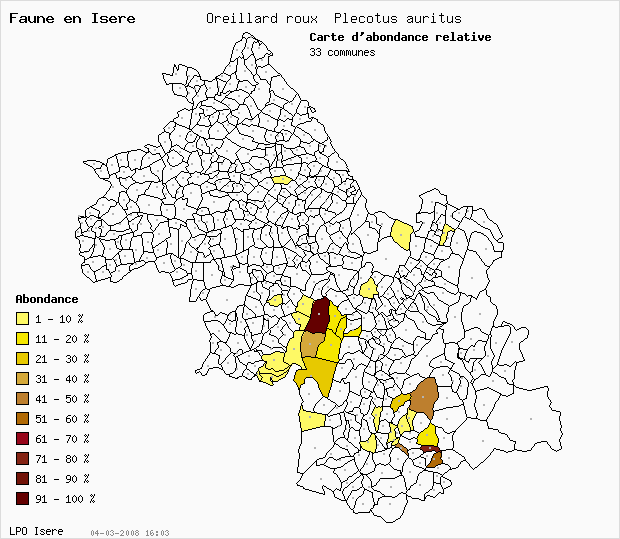 Carte Abondance: Oreillard roux Plecotus auritus en Isre