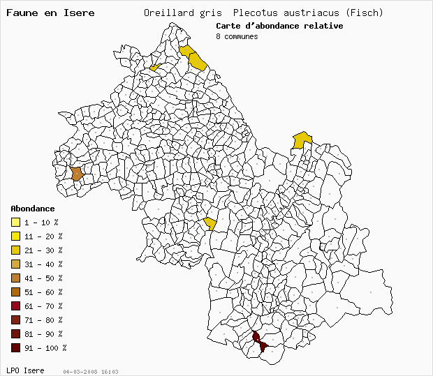 Carte Abondance: Oreillard gris Plecotus austriacus (Fisch) en Isre