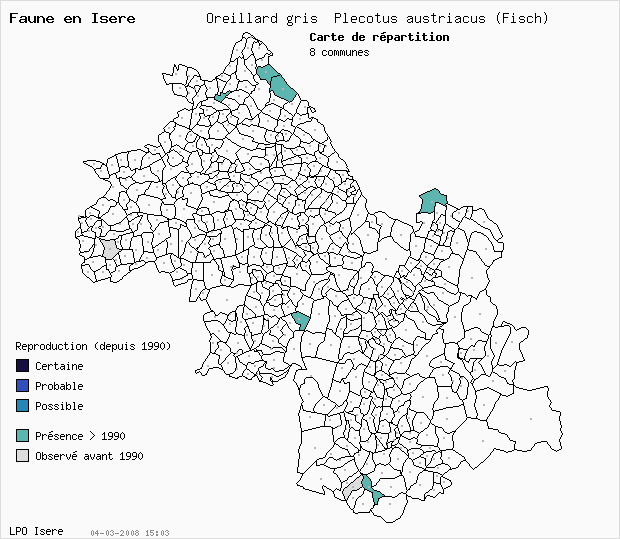 Carte Reproduction: Oreillard gris Plecotus austriacus (Fisch) en Isre