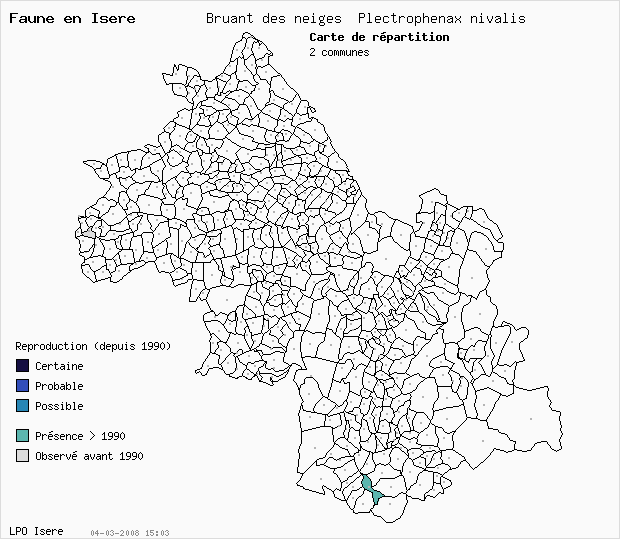 Carte Reproduction: Bruant des neiges Plectrophenax nivalis en Isre