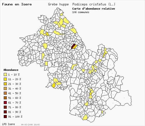 Carte Abondance: Grbe hupp Podiceps cristatus (L.) en Isre