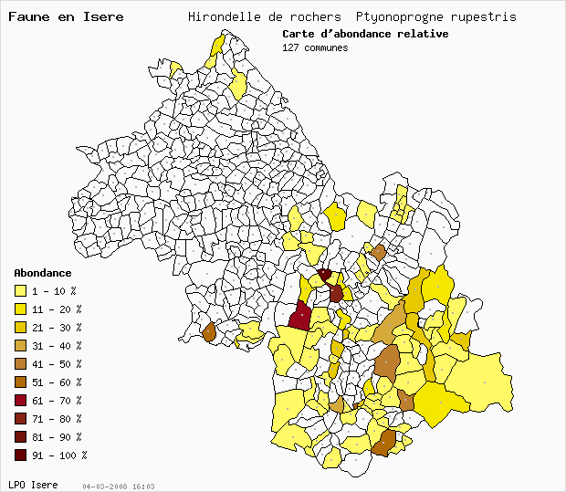 Carte Abondance: Hirondelle de rochers Ptyonoprogne rupestris en Isre
