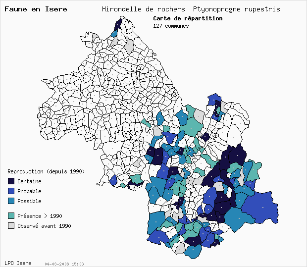 Carte Reproduction: Hirondelle de rochers Ptyonoprogne rupestris en Isre