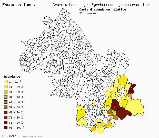 Carte Abondance: Crave  bec rouge Pyrrhocorax pyrrhocorax (L.) en Isre