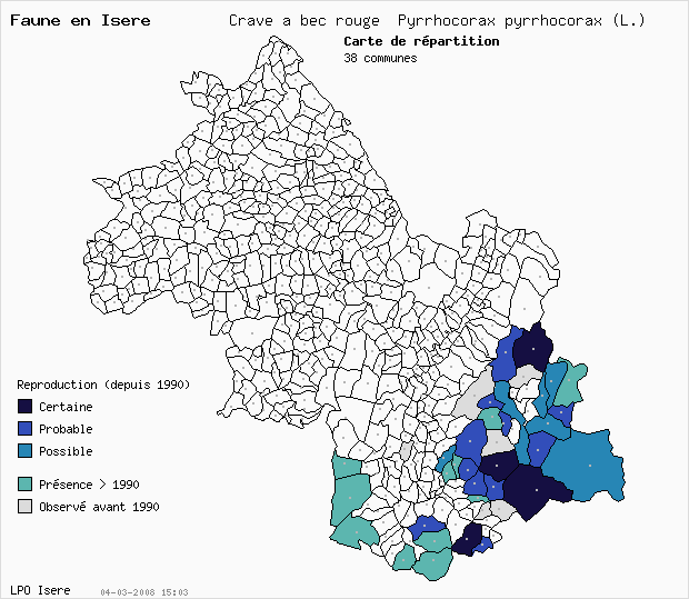 Carte Reproduction: Crave  bec rouge Pyrrhocorax pyrrhocorax (L.) en Isre