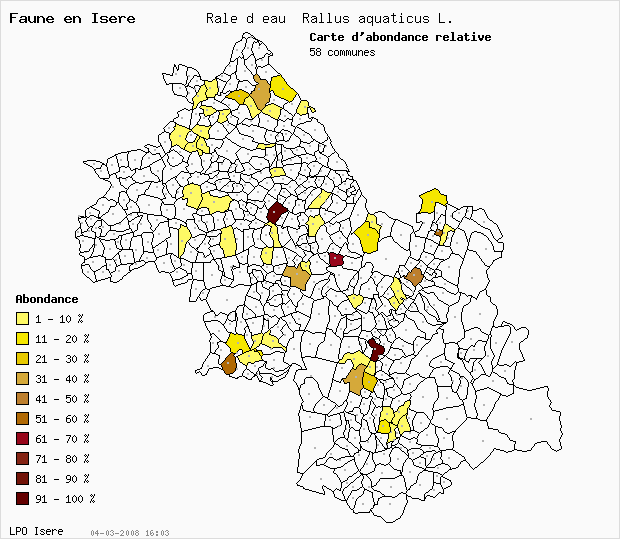 Carte Abondance: Rle d eau Rallus aquaticus L. en Isre
