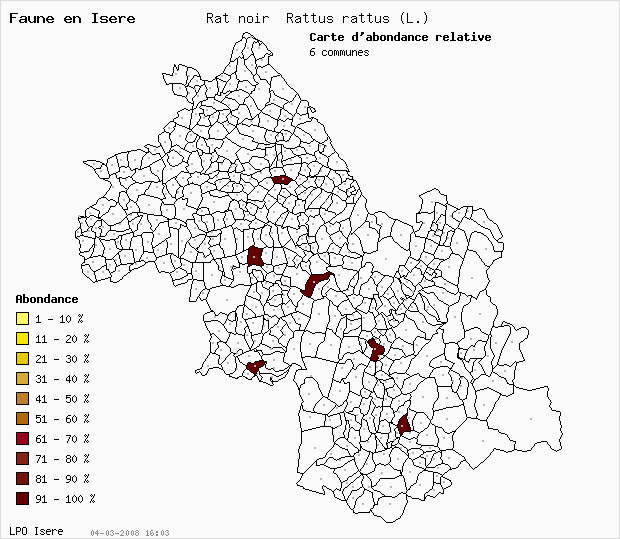 Carte Abondance: Rat noir Rattus rattus (L.) en Isre