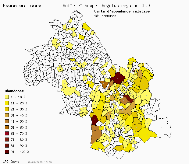 Carte Abondance: Roitelet hupp Regulus regulus (L.) en Isre
