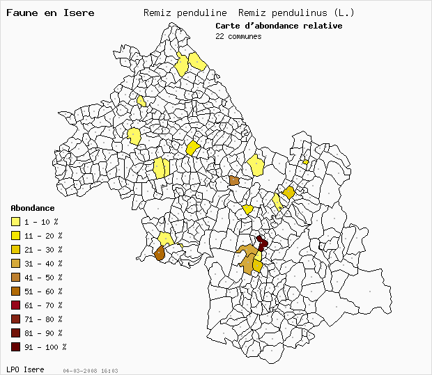 Carte Abondance: Rmiz penduline Remiz pendulinus (L.) en Isre