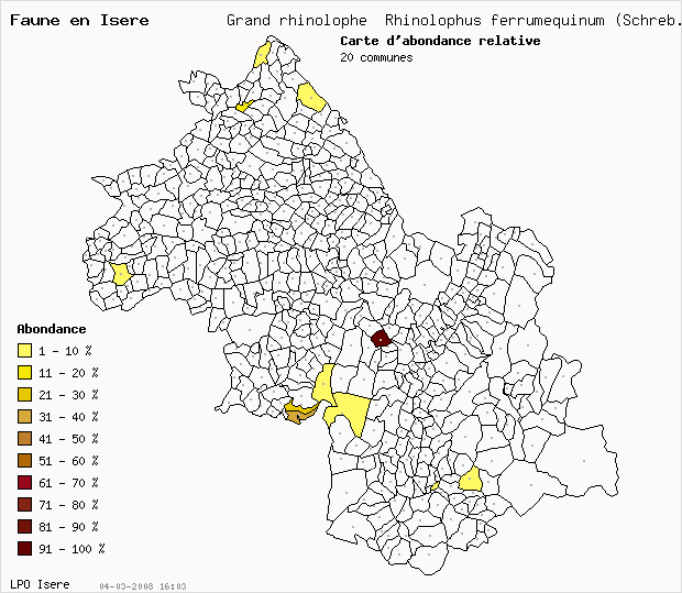 Carte Abondance: Grand rhinolophe Rhinolophus ferrumequinum (Schreb.) en Isre