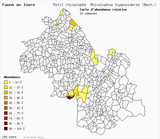 Carte Abondance: Petit rhinolophe Rhinolophus hipposideros en Isre
