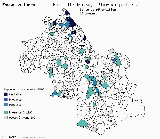 Carte Reproduction: Hirondelle de rivage Riparia riparia (L.) en Isre
