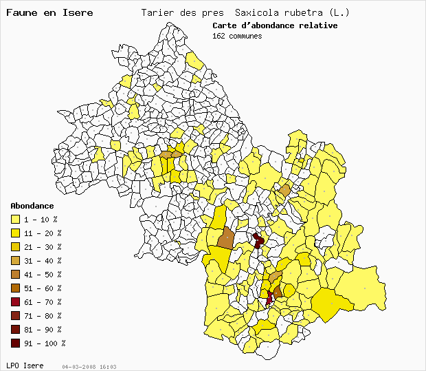 Carte Abondance: Tarier des prs Saxicola rubetra (L.) en Isre
