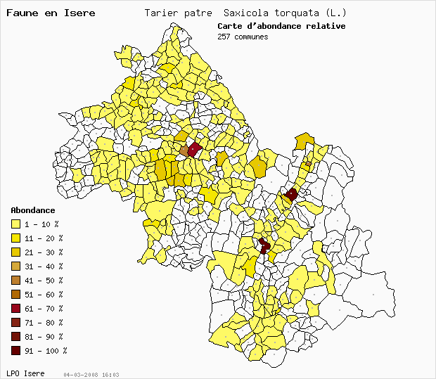 Carte Abondance: Tarier ptre Saxicola torquata (L.) en Isre