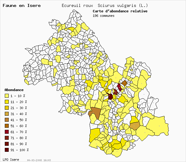 Carte Abondance: Ecureuil roux Sciurus vulgaris (L.) en Isre