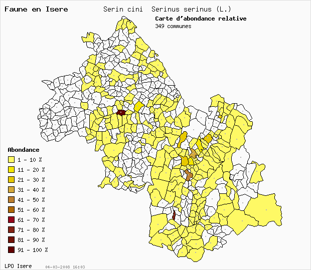 Carte Abondance: Serin cini Serinus serinus (L.) en Isre